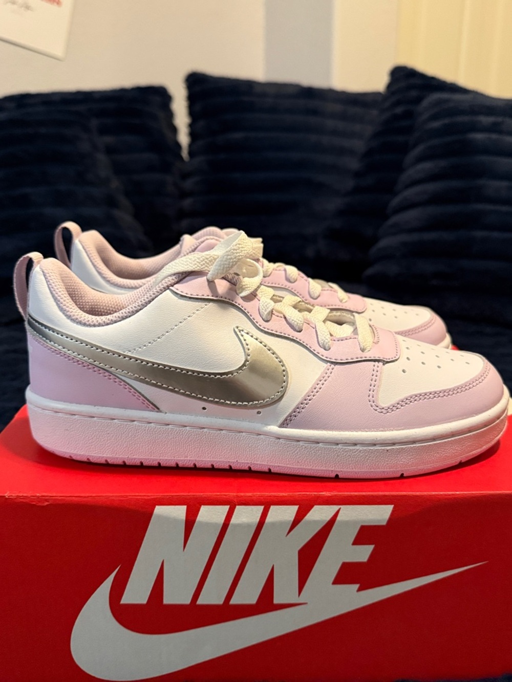 Nike Low Top Sneakers in Lilac, White & Metallic Silver Swoosh